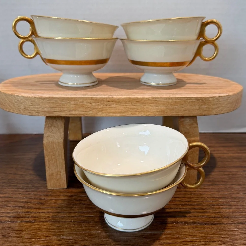 Theodore Haviland New York Gotham Teacups Set of 6 Gold Trim‎ Vintage Porcelain